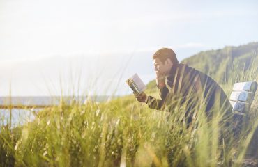 Man reading a book on a park bench surrounded by tall grass